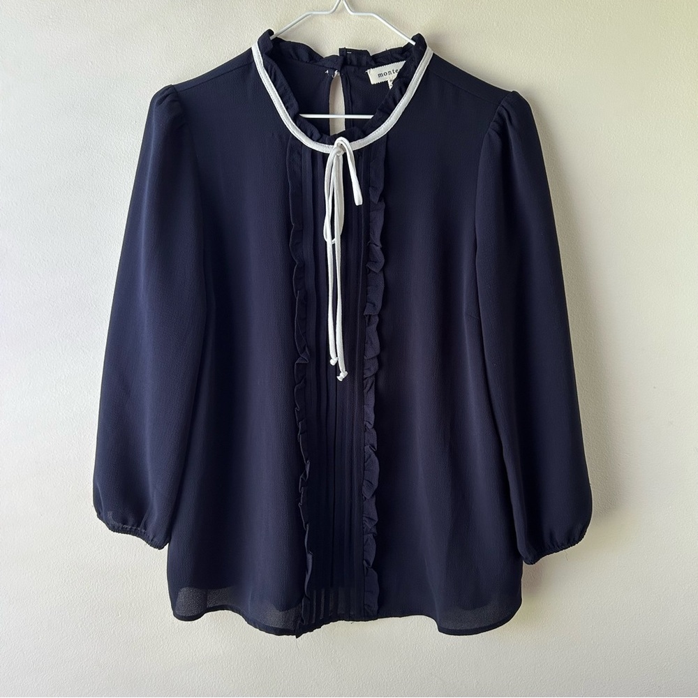 5 FOR $25 | Monteau 3/4 Sleeve Blouse Top Ruffle Tie Neck Navy White L
